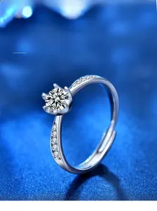 Detail of six-prong moissanite ring with 3EX cut and adjustable 925 silver band