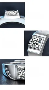 Macro shot of 925 sterling silver men's ring with 1ct moissanite in four-prong setting