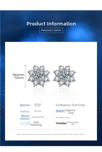 Detailed product specifications for S925 silver sunflower moissanite stud earrings