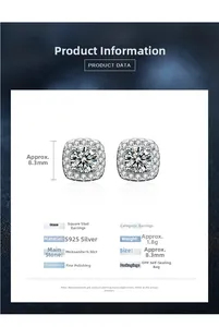 Macro detail of square S925 silver stud earrings with 50 point moissanite and size specs