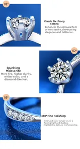 Macro shot of Moissanite ring featuring six-prong setting and polished S925 silver band