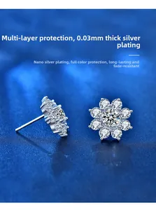 Macro shot of 925 sterling silver sunflower stud earrings with sparkling moissanite stones