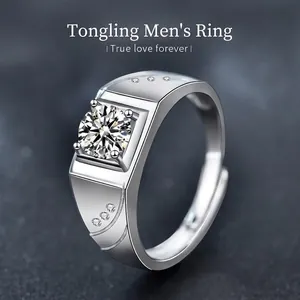 925 Sterling Silver 1 Carat Moissanite Ring For Men White Gold Plated Zirconia Geometric Open Adjustable Men Band Ring Jewelry Gift