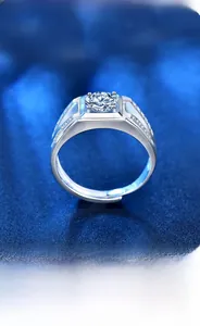 Detailed macro view of 925 sterling silver ring featuring a round solitaire moissanite stone