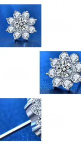 Macro details of 925 silver sunflower stud earrings with shiny moissanite stones