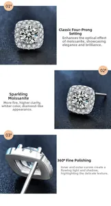 Detail view of 925 silver moissanite square earrings with 4-prong setting and high sparkle