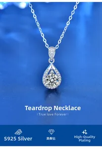 Macro detail of S925 sterling silver water-drop necklace with moissanite pendant