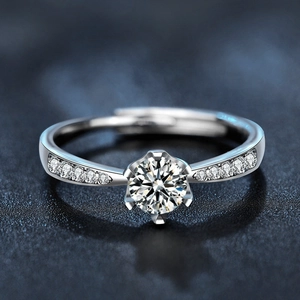 Classic Moissanite 925 sterling silver six-prong ring with adjustable band in silver finish