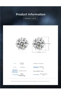 Detailed size chart and specifications for 0.5ct moissanite snowflake silver studs