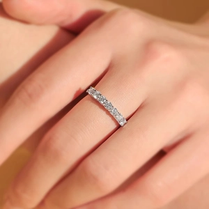 Elegant S925 sterling silver band ring featuring a full row of sparkling moissanite stones