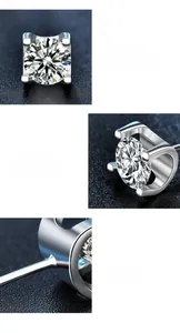Macro detail of moissanite stud earrings featuring classic 4-prong setting and polished silver