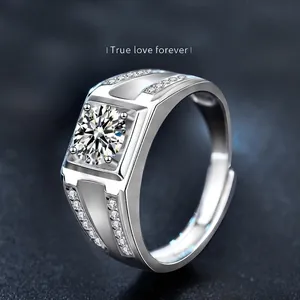 Luxury 925 Sterling Silver Moissanite Ring For Men Adjustable Opening 1 Carat Round Brilliant Cut Wedding Engagement Fine Jewelry