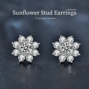 S925 Sterling Silver Sunflower Moissanite Stud Earrings White Gold Plated Sparkly Flower Fine Jewelry For Women Elegant Gift