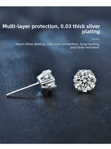 Macro view of 925 silver moissanite earrings showing six-claw setting with petal texture