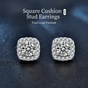 Luxury 925 Sterling Silver Moissanite Stud Earrings Square Halo D Color VVS1 Geometric Studs For Women Jewelry Gift