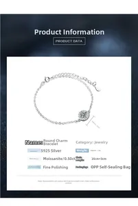 Vue détaillée du bracelet moissanite en argent S925, longueur 16+3cm et pendentif 8mm