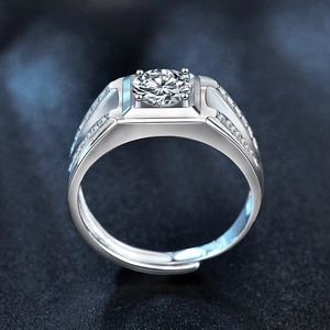 Men's 925 silver adjustable ring with round moissanite solitaire and pave stones
