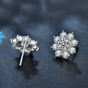 Sparkling 925 sterling silver sunflower stud earrings with brilliant moissanite stones