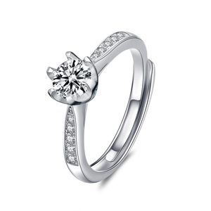 Classic moissanite 925 sterling silver ring with six-prong setting and side accents