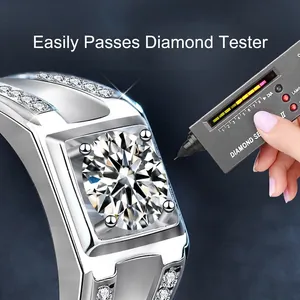 Men's 925 silver ring with large round moissanite and pave accents in luxury square setting