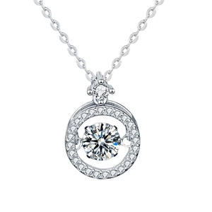 Sparkling S925 silver moissanite necklace featuring a dancing round cut center stone
