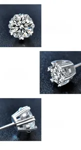 Detailed views of moissanite stud earrings featuring six-prong heart-shaped silver settings