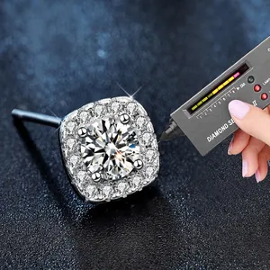 Square halo moissanite stud earrings in 925 silver tested for high hardness and shine