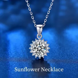 Elegant 925 silver sunflower necklace with moissanite center stone on blue background