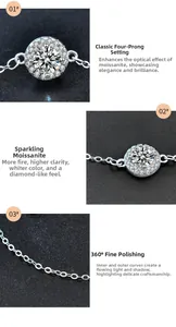 Vue macro du bracelet en argent S925 avec moissanite, serti à quatre griffes et chaîne O