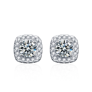 Square moissanite halo stud earrings in 925 sterling silver with a round center stone