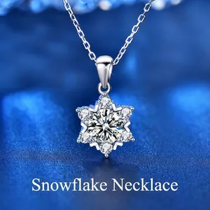 Moissanite 925 sterling silver snowflake pendant necklace with sparkling center stone