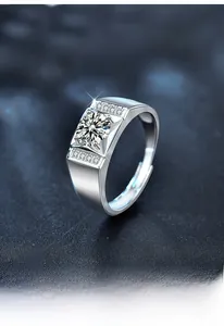 Close-up of S925 sterling silver men's ring with Moissanite stone in four-prong setting