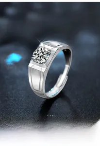 Macro detail of S925 silver ring featuring a square-cut moissanite stone and adjustable band