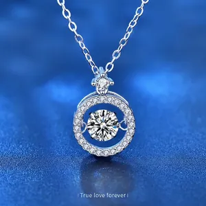 Elegant 925 sterling silver necklace featuring a dancing moissanite heart pendant in round