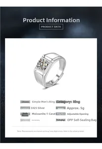 Detail specifications of S925 silver 1ct moissanite ring with open adjustable design