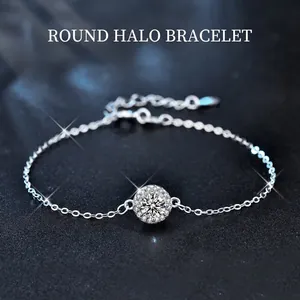 Bracelet Moissanite en Argent Sterling S925 pour Femme Bracelet Incrusté Halo Rond Avec Chaîne d'Extension Bijoux de Mode Cadeau