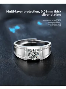 Close-up of men's silver ring with round moissanite and 0.03mm nano-plating detail