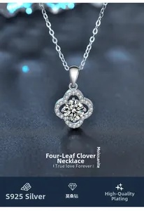 Detailed view of S925 sterling silver four-leaf clover pendant with moissanite stones