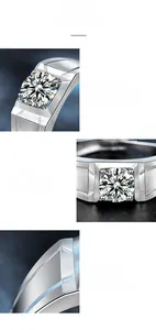 Detailed view of moissanite ring with four-prong setting and polished geometric band