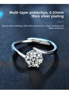 Detail of 925 silver moissanite ring with six-prong setting and thick nano-silver plating