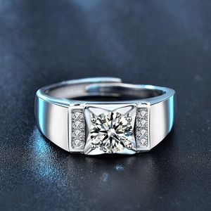 Men's S925 silver moissanite open ring with round center stone and side accents