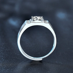 Men's 925 sterling silver open ring with round moissanite in classic four-prong setting