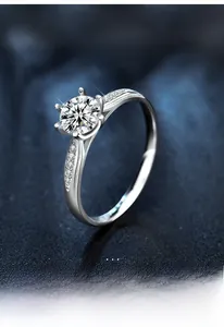 Macro detail of S925 sterling silver ring featuring a six-prong crown setting with moissanite