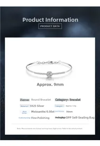 Technical data of S925 silver moissanite bracelet showing 56mm inner diameter and 5.5g weight