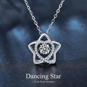 S925 Sterling Silver Moissanite Pendant Necklace Women Star Heart Dancing Stone Sparkling Fine Jewelry White Gold Plated