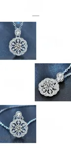 Detail of 925 silver moissanite necklace featuring a six-prong flower pendant design