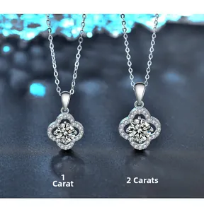 Detail view of S925 silver clover necklaces showing 1ct and 2ct moissanite side by side