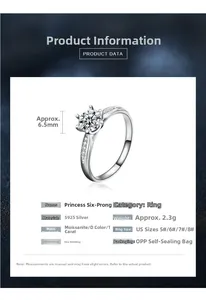 Detail of a 1-carat moissanite ring with six-prong setting and S925 sterling silver band