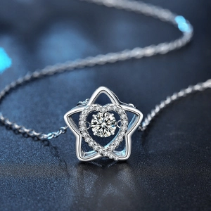 S925 sterling silver pentagram pendant necklace with sparkling heart moissanite stone