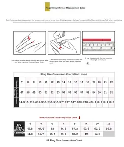 Detailed jewelry size guide showing finger measurement steps and international size charts